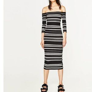 Zara Black White Off The Shoulder Striped Night Out Dress